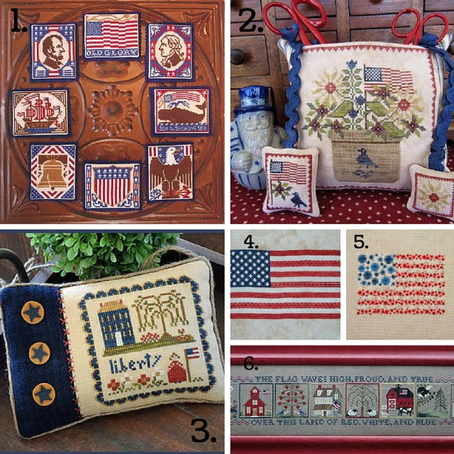 collage of patriotic American cross-stitch patterns for July 4