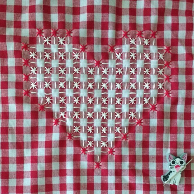 chicken scratch embroidery heart in progress