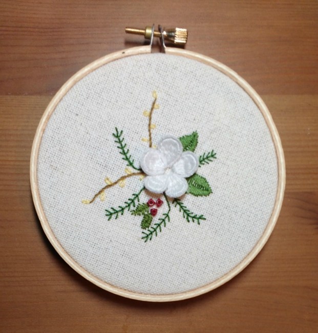 completed stumpwork embroidery flower project