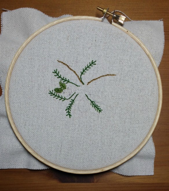 fly stitch embroidered leaves and branches