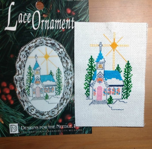 small church cross-stitch ornament almost finished