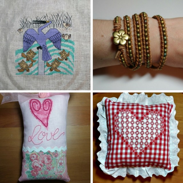 finished cross-stitch pieces, embroidery and bracelet